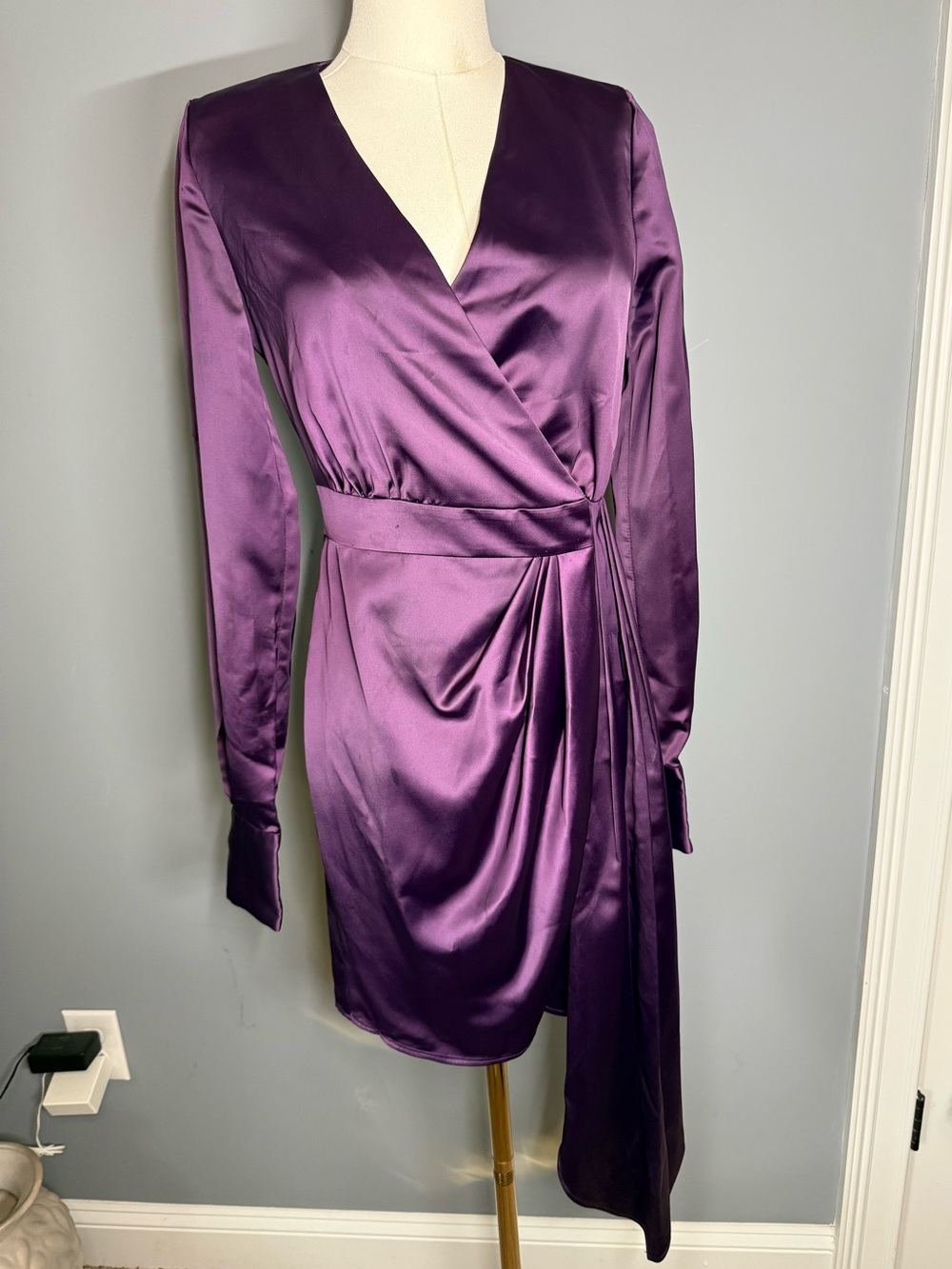 NWT One33 Social Satin Purple Long-Sleeve Wrap Dress - 0